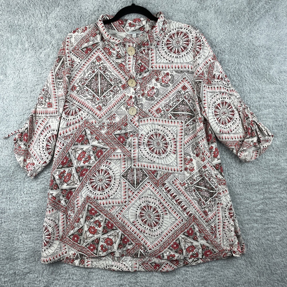 John Mark Tunic Top Womens Large Floral Popover Wire Collar Pockets Linen Blouse